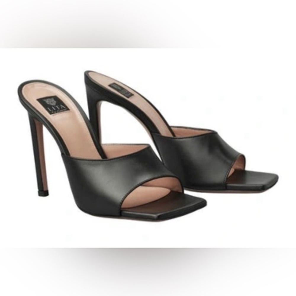 Lita by Ciara square open toe slide sandal heels‎ leather black EU 39 US 8/8.5